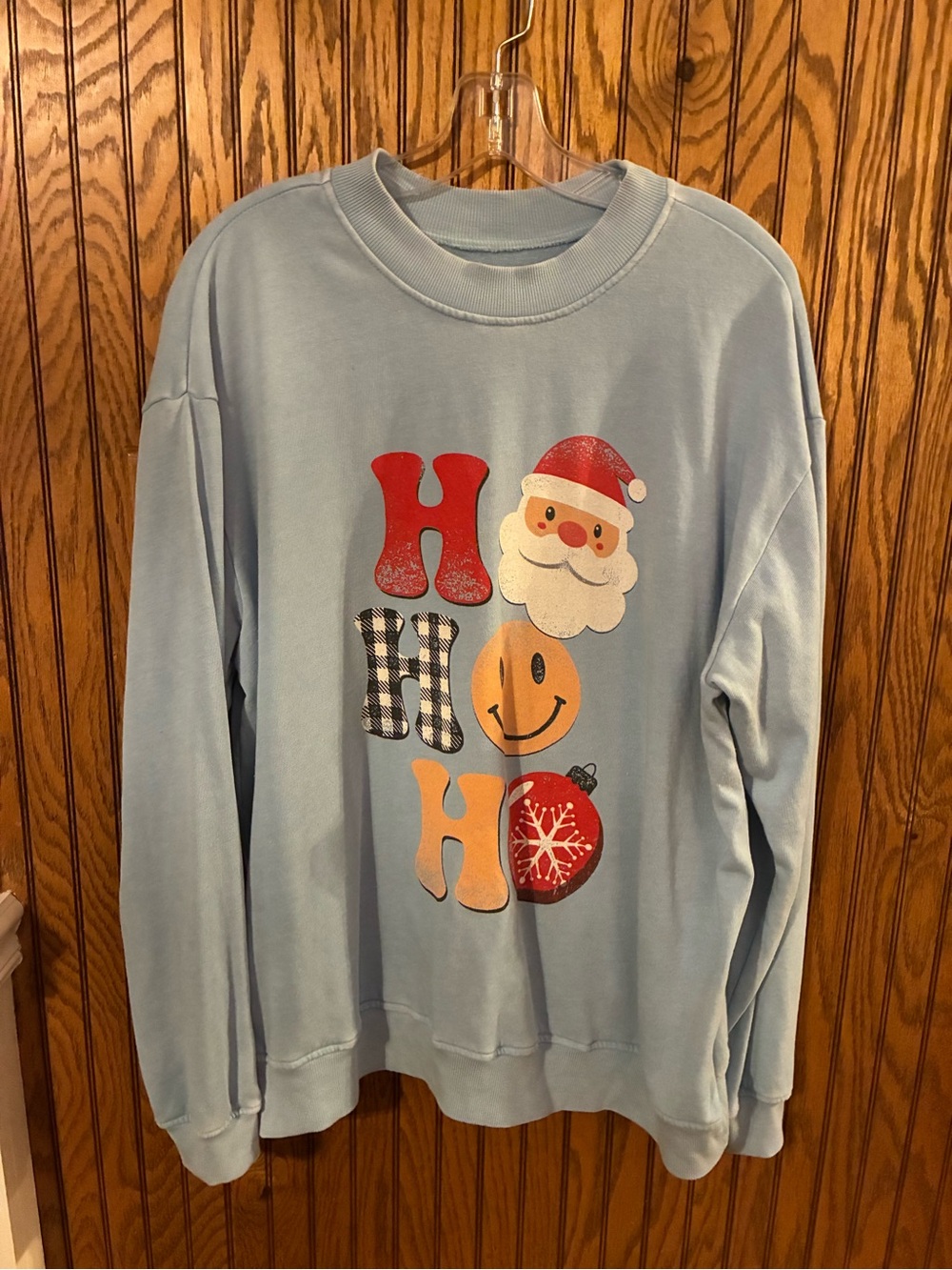 Light Blue Holiday Graphic Crewneck Sweatshirt - HO HO HO Design